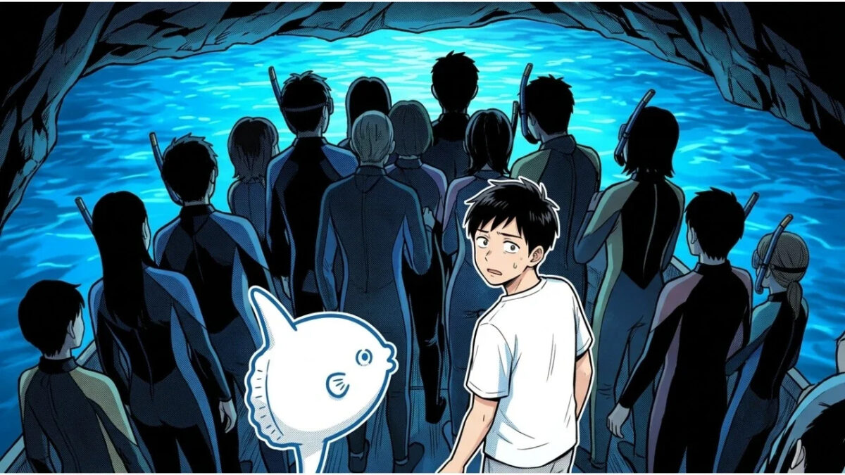 青の洞窟の中が他店のツアー客で混雑している様子のイラスト。ウェットスーツ姿の人々がひしめき、ガイドと相棒のマンボウが困った顔で振り返っている