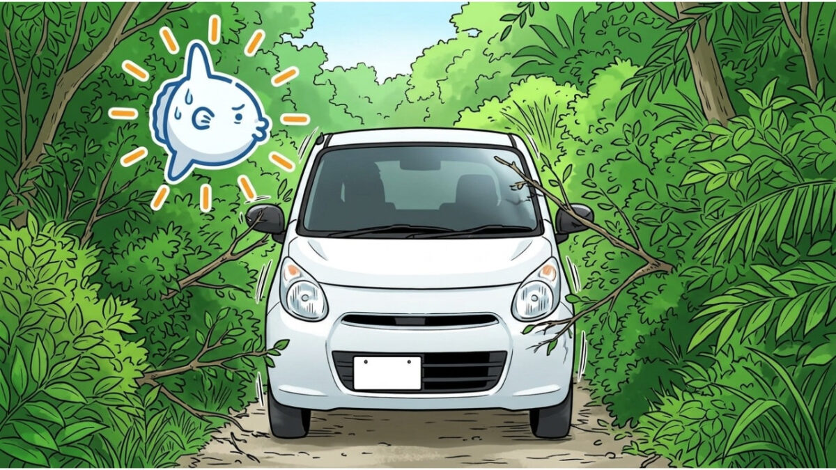 青の洞窟へ向かう細い未舗装の道を進む白いレンタカーのイラスト。両側から伸びた枝が車体をかすめ、相棒のマンボウが冷や汗をかいて心配している