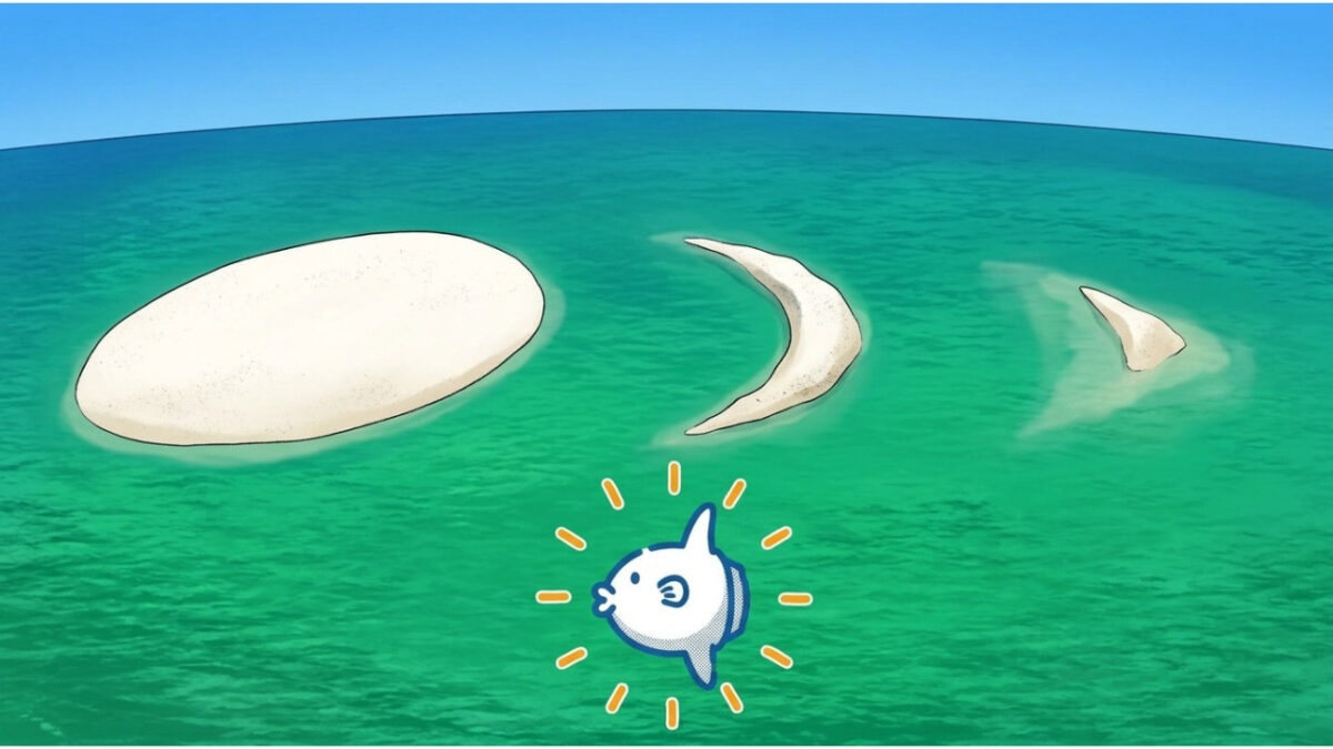潮位によって幻の島の形が変わる様子を並べたイラスト。左は楕円形の大きな砂の島、中央は三日月形に痩せた島、右はほとんど海に沈んだ小さな島